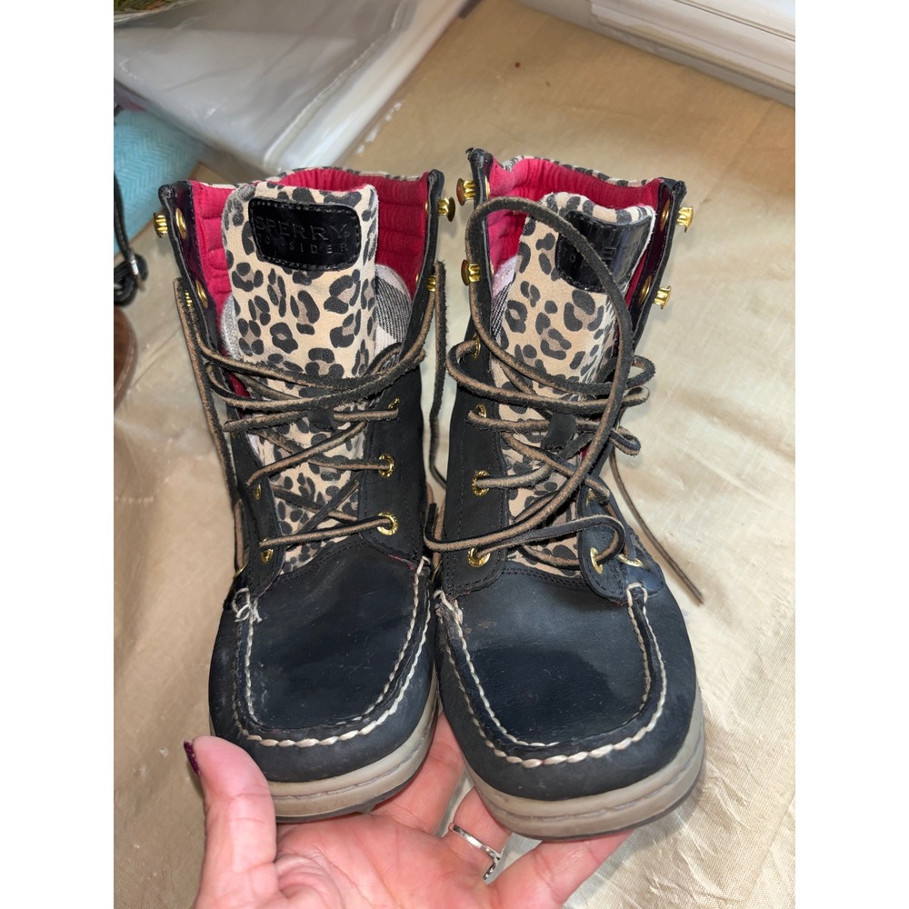 Sperry Top-Sider Boots Womens 7.5 Black Leopard Print Lace Up Leather Duck